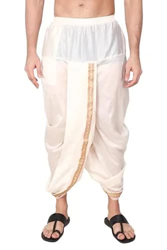 Rameshwaram Fabrics Men's Traditional Indian Readymade Dhoti with Angavastram | Elastic Waist 28-40 Inches | 40 Inch Length | Art Silk Veshti for Wedding, Temple, Puja, Diwali & Cultural Events thumbnail 8