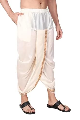 Rameshwaram Fabrics Men's Traditional Indian Readymade Dhoti with Angavastram | Elastic Waist 28-40 Inches | 40 Inch Length | Art Silk Veshti for Wedding, Temple, Puja, Diwali & Cultural Events thumbnail 9