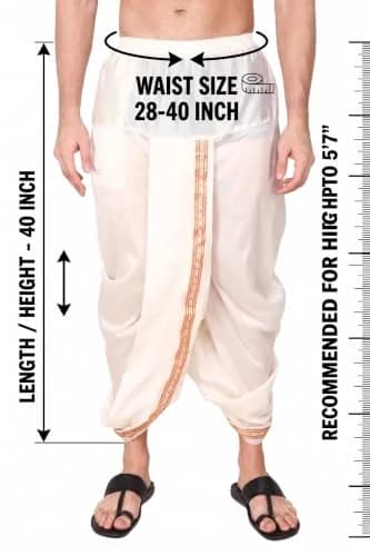 Rameshwaram Fabrics Men's Traditional Indian Readymade Dhoti with Angavastram | Elastic Waist 28-40 Inches | 40 Inch Length | Art Silk Veshti for Wedding, Temple, Puja, Diwali & Cultural Events thumbnail 2