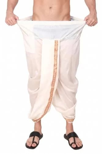 Rameshwaram Fabrics Men's Traditional Indian Readymade Dhoti with Angavastram | Elastic Waist 28-40 Inches | 40 Inch Length | Art Silk Veshti for Wedding, Temple, Puja, Diwali & Cultural Events thumbnail 3