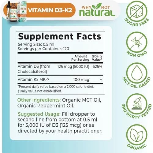 Why Not Natural Organic Vitamin D3 K2 Liquid Drops 2 Fl Oz | Supports Strong Bones & Heart thumbnail 5