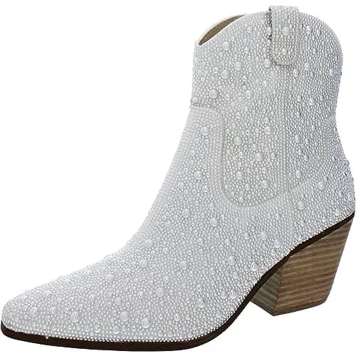 Betsey Johnson Women's Diva Western Boot, Pearl, 8.5 | Rhinestone Embellished Western Style thumbnail 1