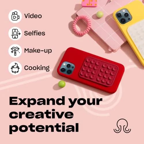 OCTOBUDDY Classic Red Silicone Suction Phone Mount 2.25″ x 3.25″ | 24 Suction Cups for Hands-Free Content Creation thumbnail 5