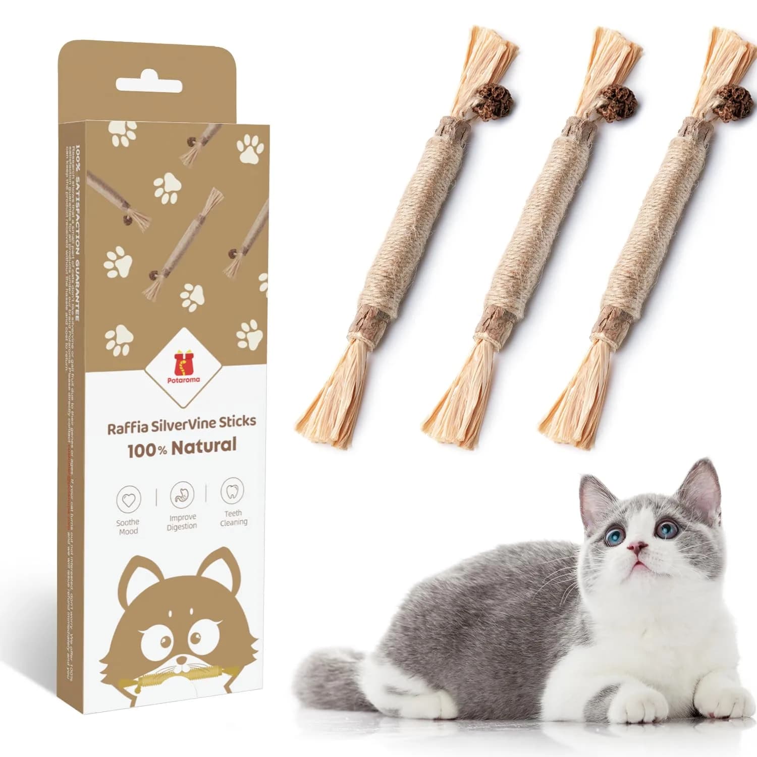 Potaroma Natural Silvervine Sticks Cat Toys 3 Pack | Catnip Blend Chew Toys for Dental Care