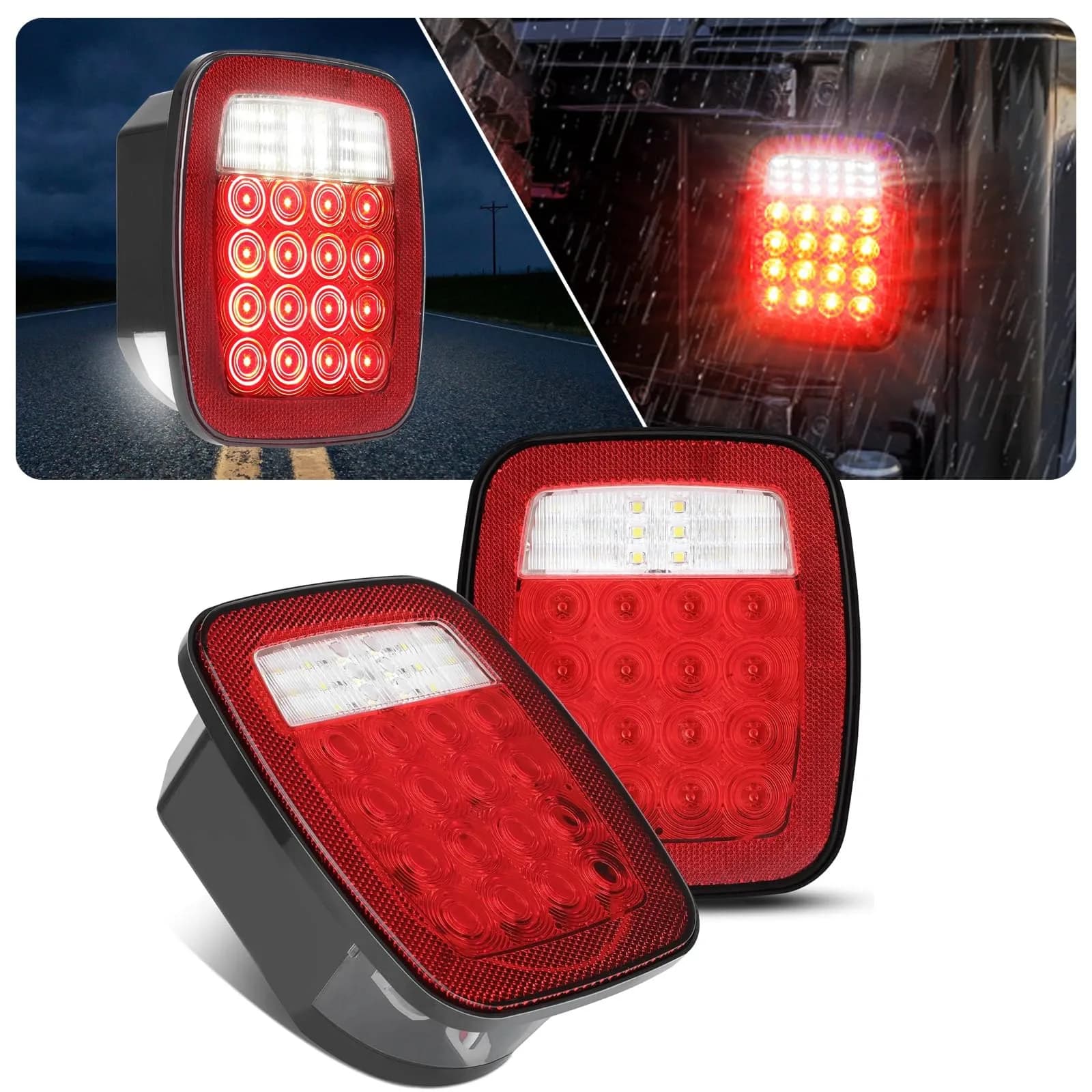 CMVT Auto Red Square 38-LED Tail Light Assembly 2-Pack | Universal 12V Fitment for Jeep Wrangler CJ YJ TJ & Trucks — Red Lens