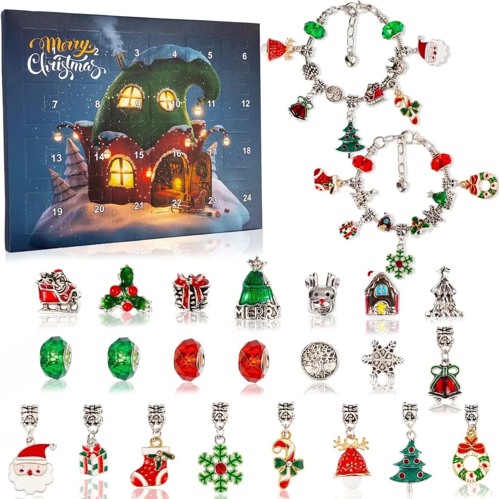 OuMuaMua Christmas Bracelets Advent Calendar 2026 for Girls | 24-Day DIY Jewelry Kit with Charms & Adjustable Chains — 1pcs Christmas Bracelet