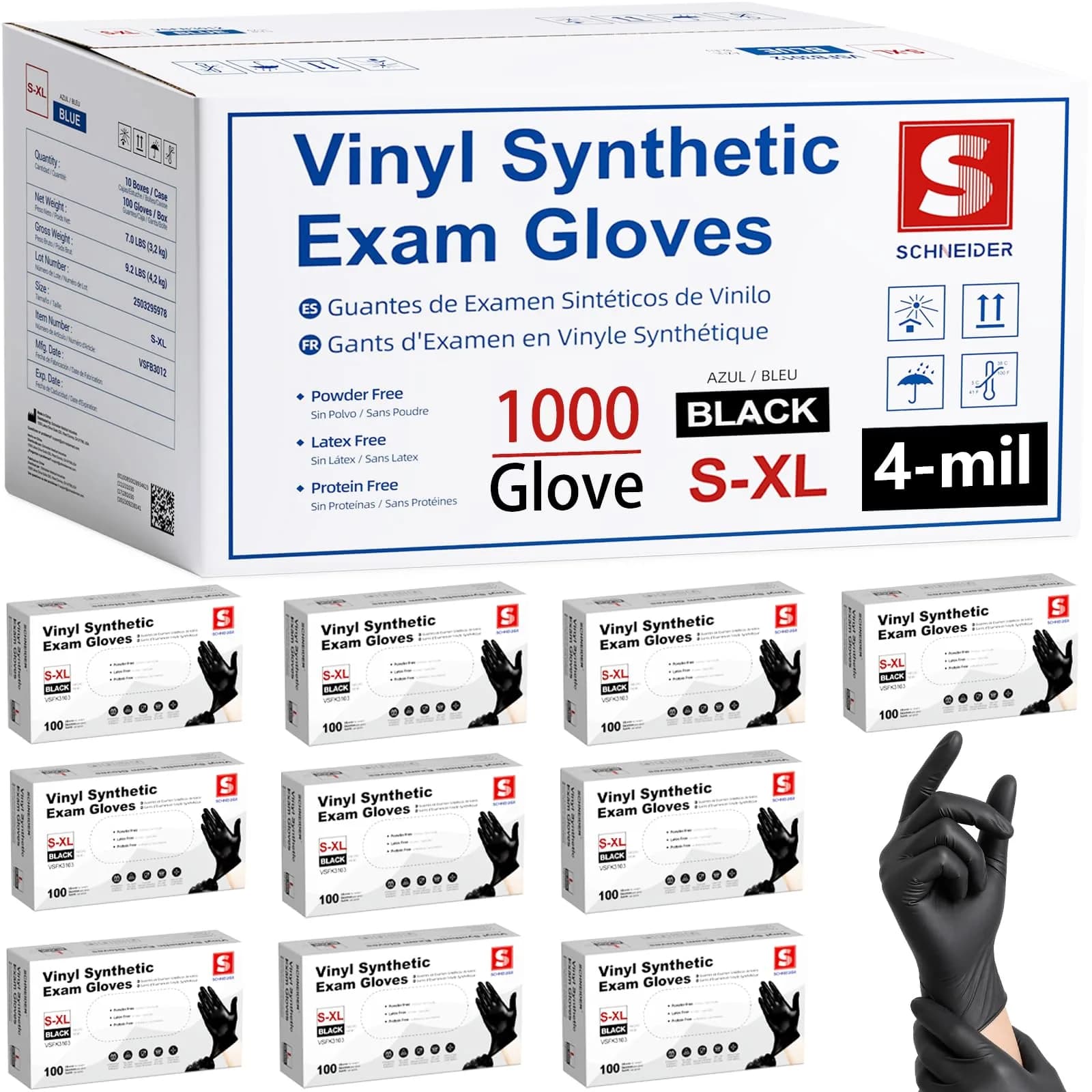 Schneider Black Vinyl Synthetic Exam Gloves, 4 Mil, Latex-Free, Powder-Free, 1000-ct Case (X-Large) - main product image