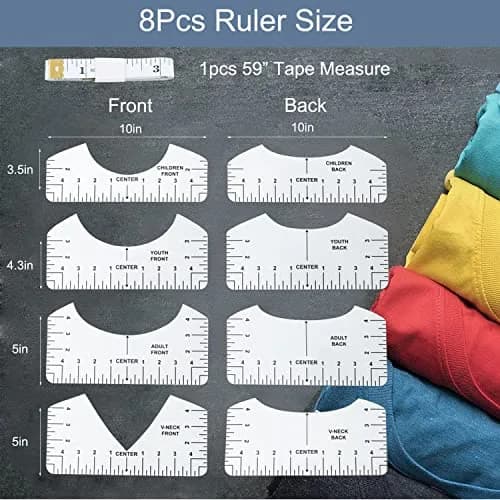 tietoc 9Pcs T-Shirt Ruler Guide Set | Transparent PVC for Vinyl Alignment, Heat Press, Children Youth Adult (10in) thumbnail 3