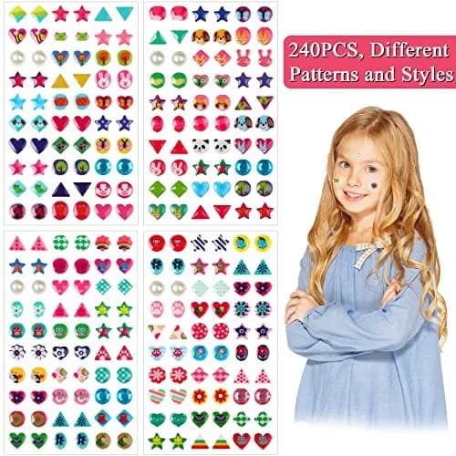 AUGSUN 240 Pcs Glitter Sticker Earrings for Girls | Non-Toxic, Assorted Colors, 3D Design thumbnail 4