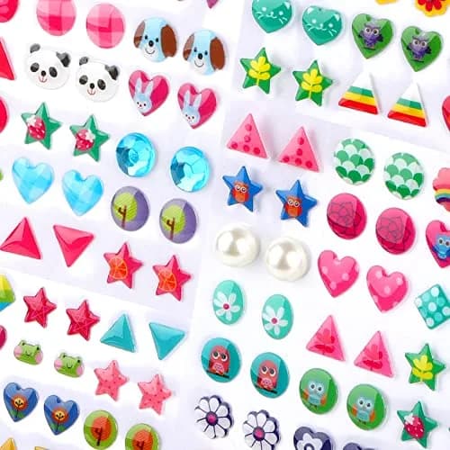 AUGSUN 240 Pcs Glitter Sticker Earrings for Girls | Non-Toxic, Assorted Colors, 3D Design thumbnail 2