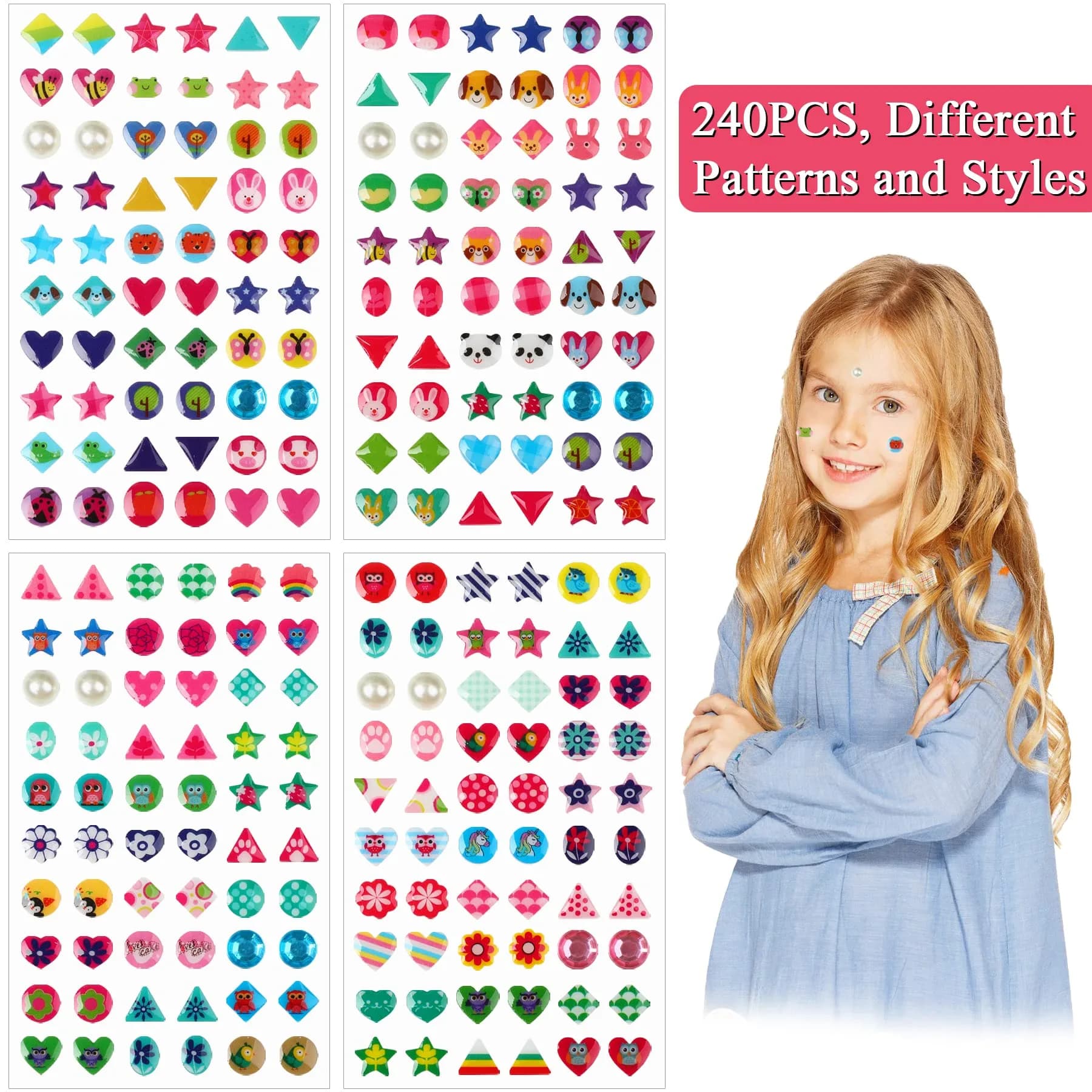 AUGSUN 240 Pcs Glitter Sticker Earrings for Girls | Non-Toxic, Assorted Colors, 3D Design - view 4