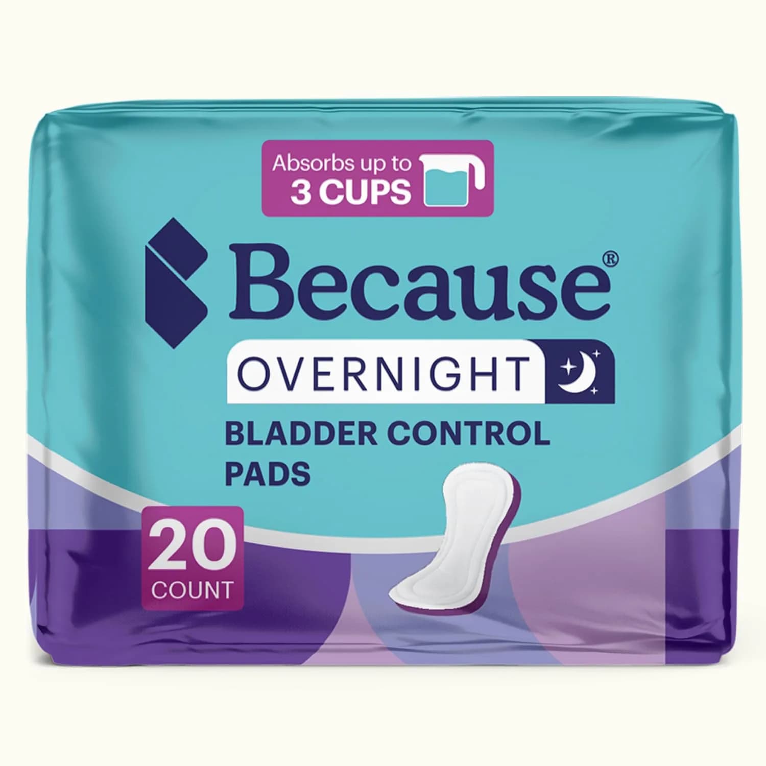 Because Incontinence Pads for Women - Extra Heavy Absorbency | 20 Count Nighttime Leak-Free Liners — White
