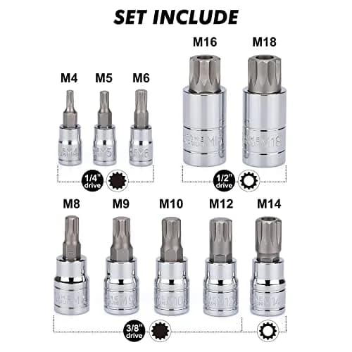 CASOMAN 10PCS 1/4-Inch, 3/8-Inch & 1/2-Inch Drive XZN Triple Square Spline Bit Socket Set, M4-M18, 12 Point Tamper Proof, Cr-V Sockets and S2 Steel Bits | Heavy Duty Alloy Steel thumbnail 3