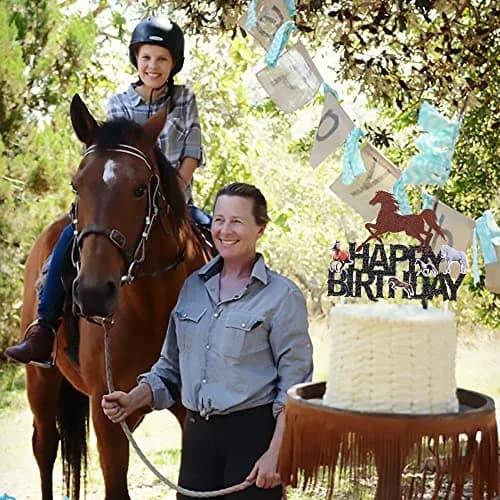 umoni Horse Happy Birthday Cake Topper Horse Racing Party Glitter Cake Decoration 7.8in x 6.1in | Horse Theme Celebration thumbnail 7
