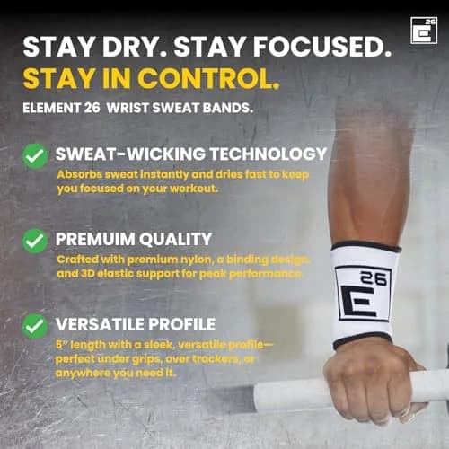 Element 26 Sweat Wicking Wrist Bands (4 Pack) - Sweat Absorbing for Men & Women, Large, Black thumbnail 2