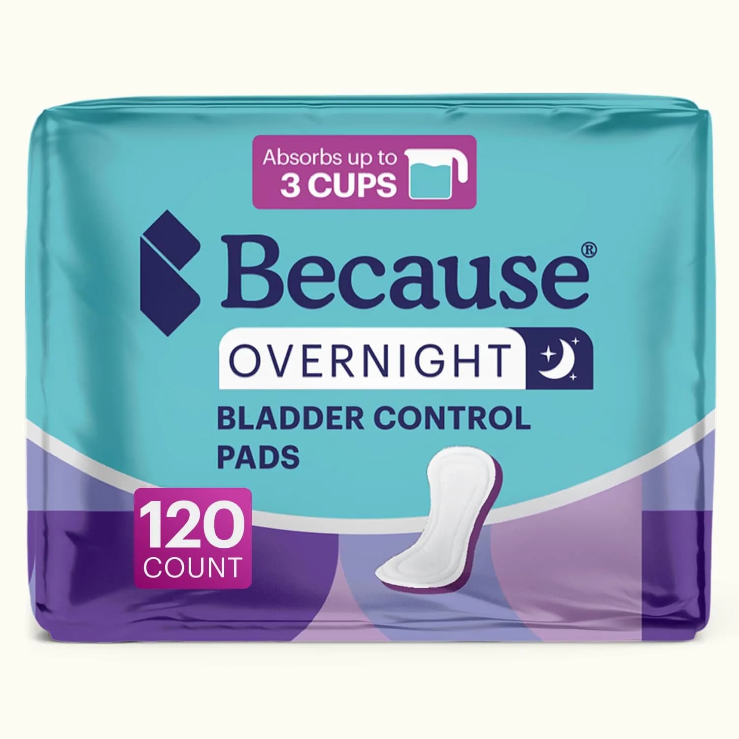 Because Premium Overnight Incontinence Pads for Women - Extra Heavy Absorbency, 120 Count (6 Packs of 20) | Leak-Free Nighttime Protection — White