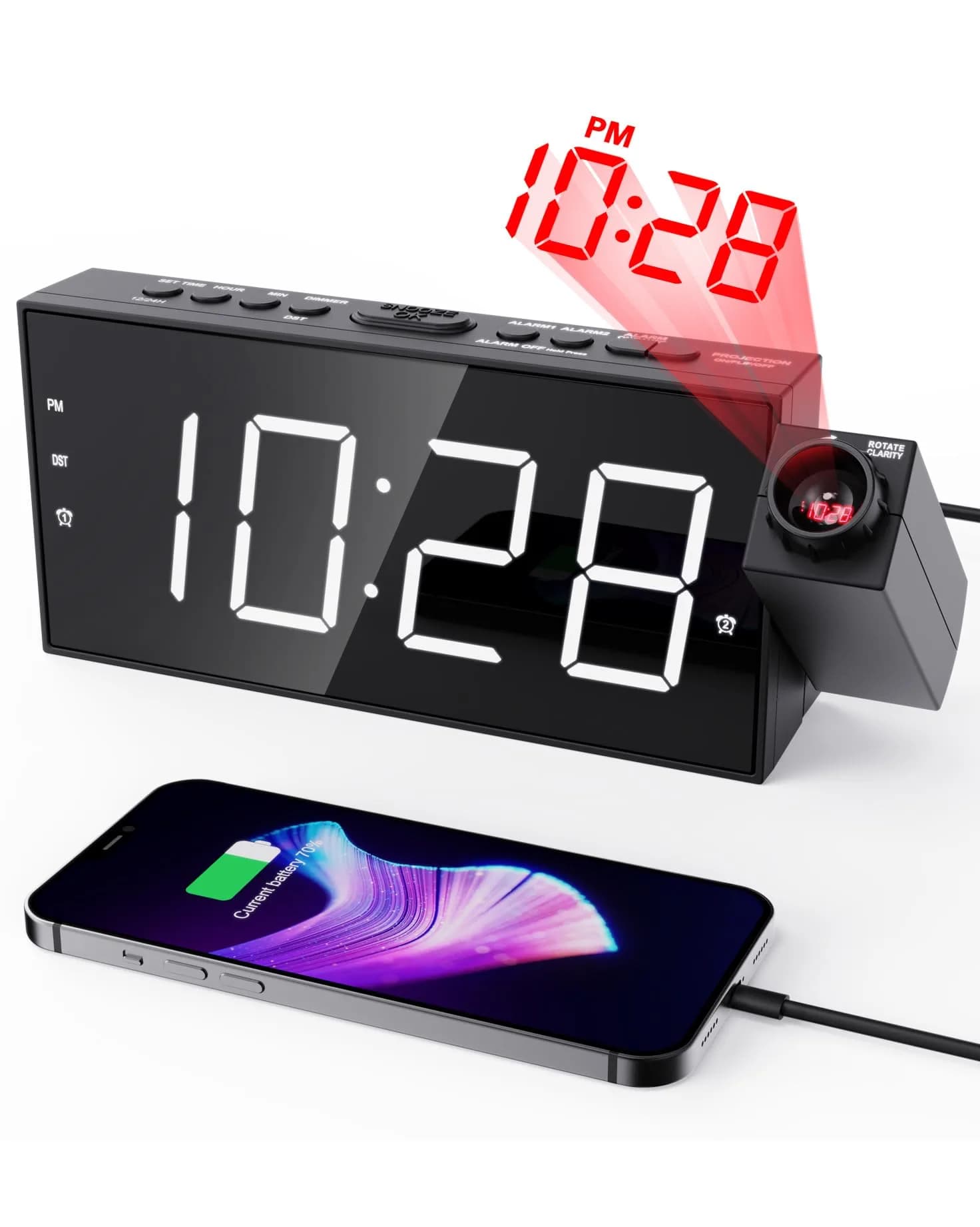 OnLyee Projection Alarm Clock with 180° Ceiling Projector & Dual Alarm, 7-Inch LED Display, White Digits/Red Projection | Modern Design for Bedroom - main product image