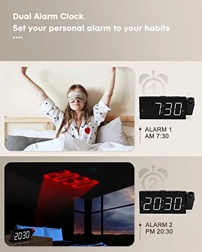 OnLyee Projection Alarm Clock with 180° Ceiling Projector & Dual Alarm, 7-Inch LED Display, White Digits/Red Projection | Modern Design for Bedroom thumbnail 4