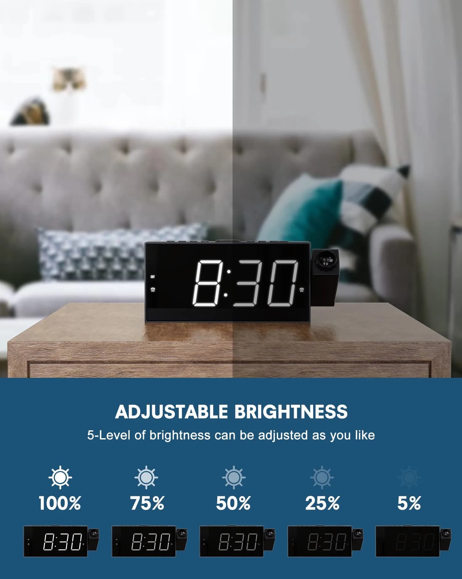 OnLyee Projection Alarm Clock with 180° Ceiling Projector & Dual Alarm, 7-Inch LED Display, White Digits/Red Projection | Modern Design for Bedroom - view 5