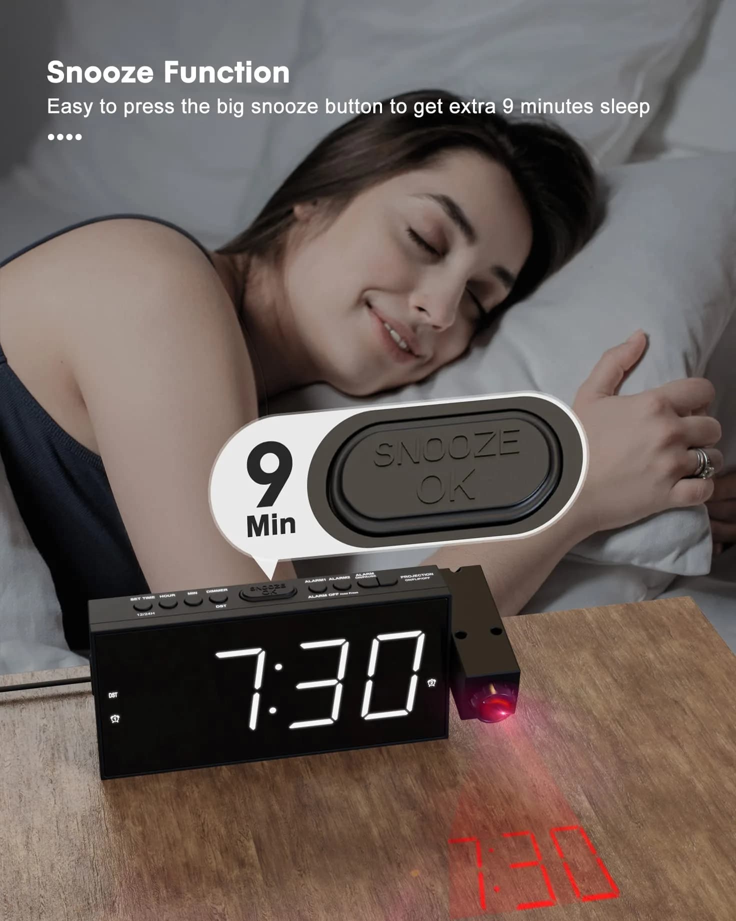 OnLyee Projection Alarm Clock with 180° Ceiling Projector & Dual Alarm, 7-Inch LED Display, White Digits/Red Projection | Modern Design for Bedroom - view 6