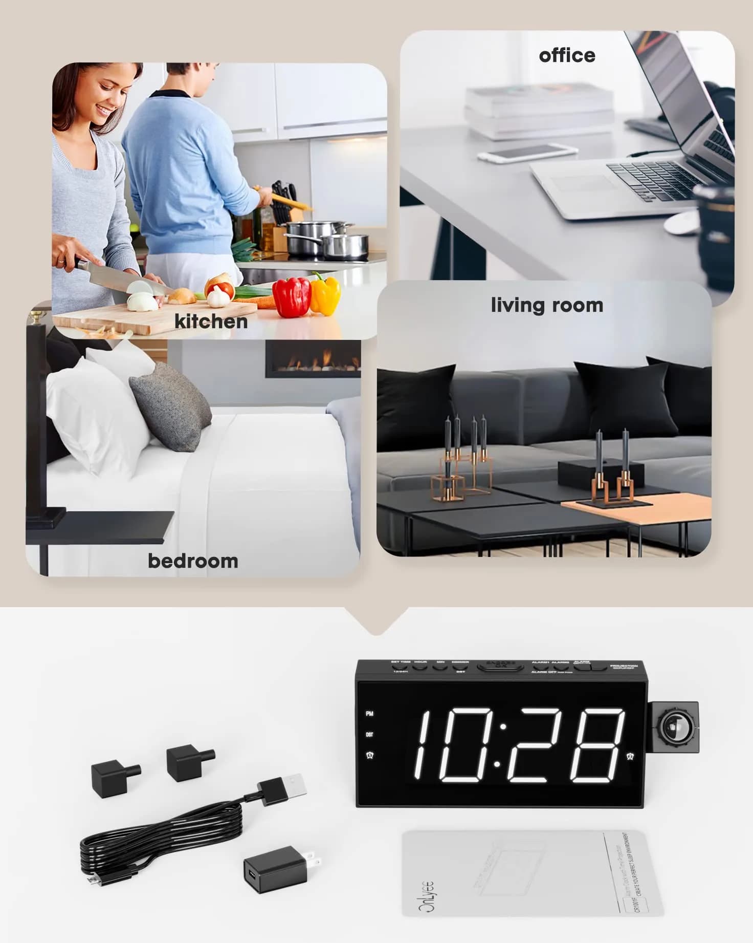 OnLyee Projection Alarm Clock with 180° Ceiling Projector & Dual Alarm, 7-Inch LED Display, White Digits/Red Projection | Modern Design for Bedroom - view 7