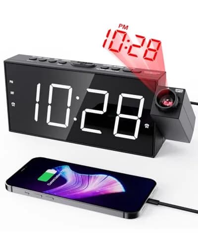OnLyee Projection Alarm Clock with 180° Ceiling Projector & Dual Alarm, 7-Inch LED Display, White Digits/Red Projection | Modern Design for Bedroom thumbnail 1