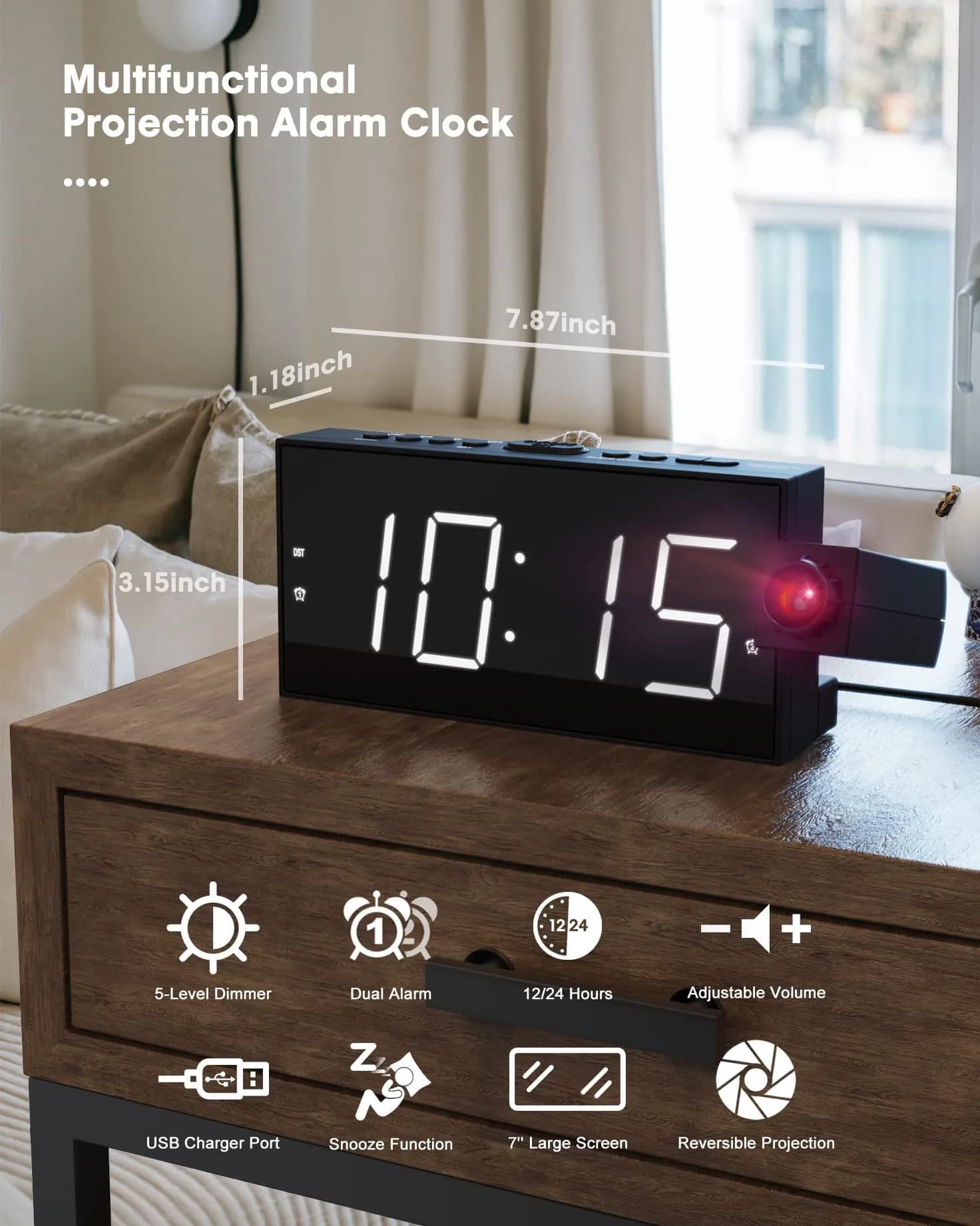 OnLyee Projection Alarm Clock with 180° Ceiling Projector & Dual Alarm, 7-Inch LED Display, White Digits/Red Projection | Modern Design for Bedroom - view 3