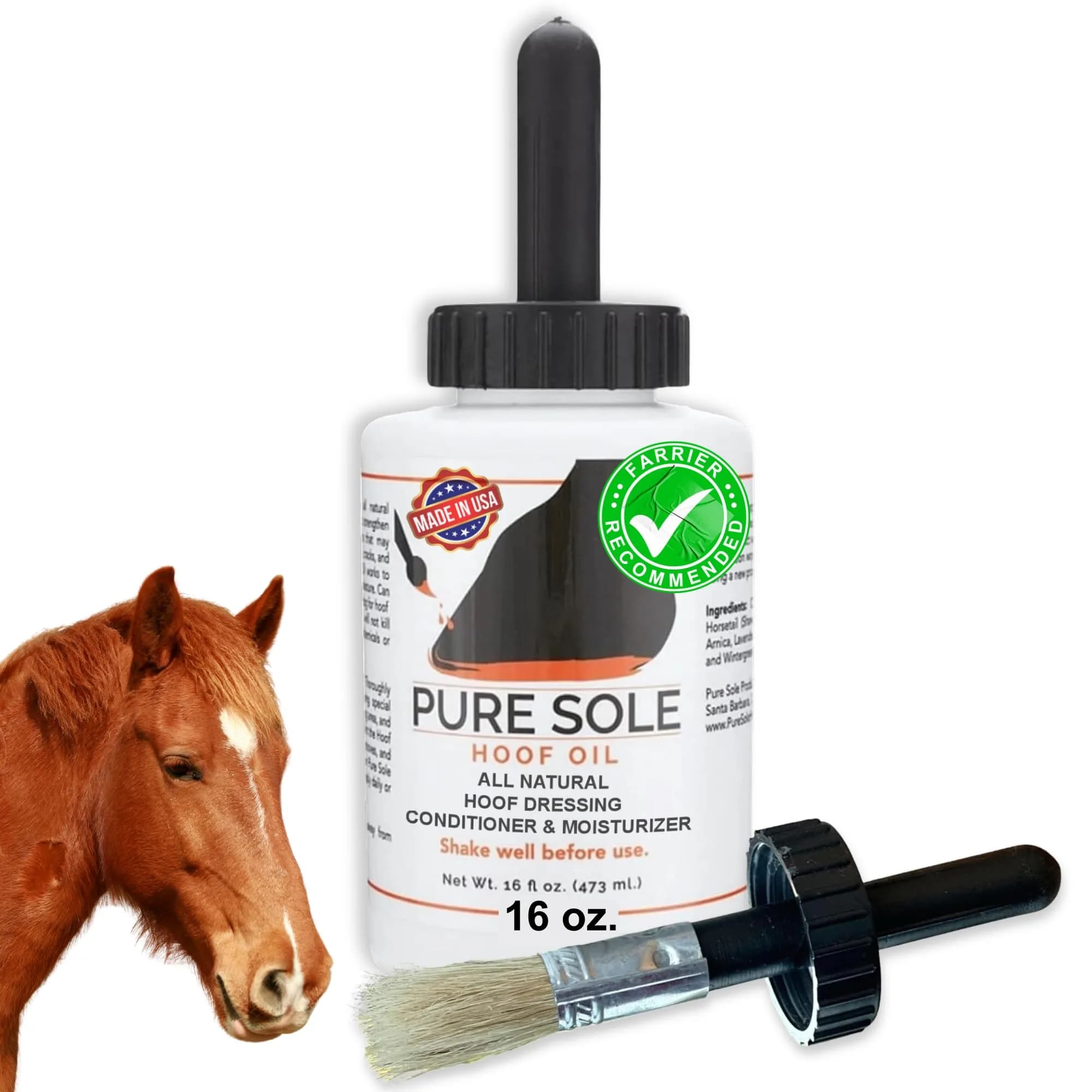Pure Sole Hoof Oil - All Natural Horse Hoof Conditioner with Brush Applicator 16 fl oz | Strengthens & Moisturizes Hooves