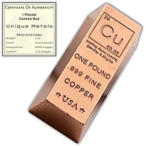 Unique Metals 1 Pound Copper Bar Ingot Paperweight 454 g (1 lb) | .999 Pure Copper Bullion with Certificate of Authenticity thumbnail 1