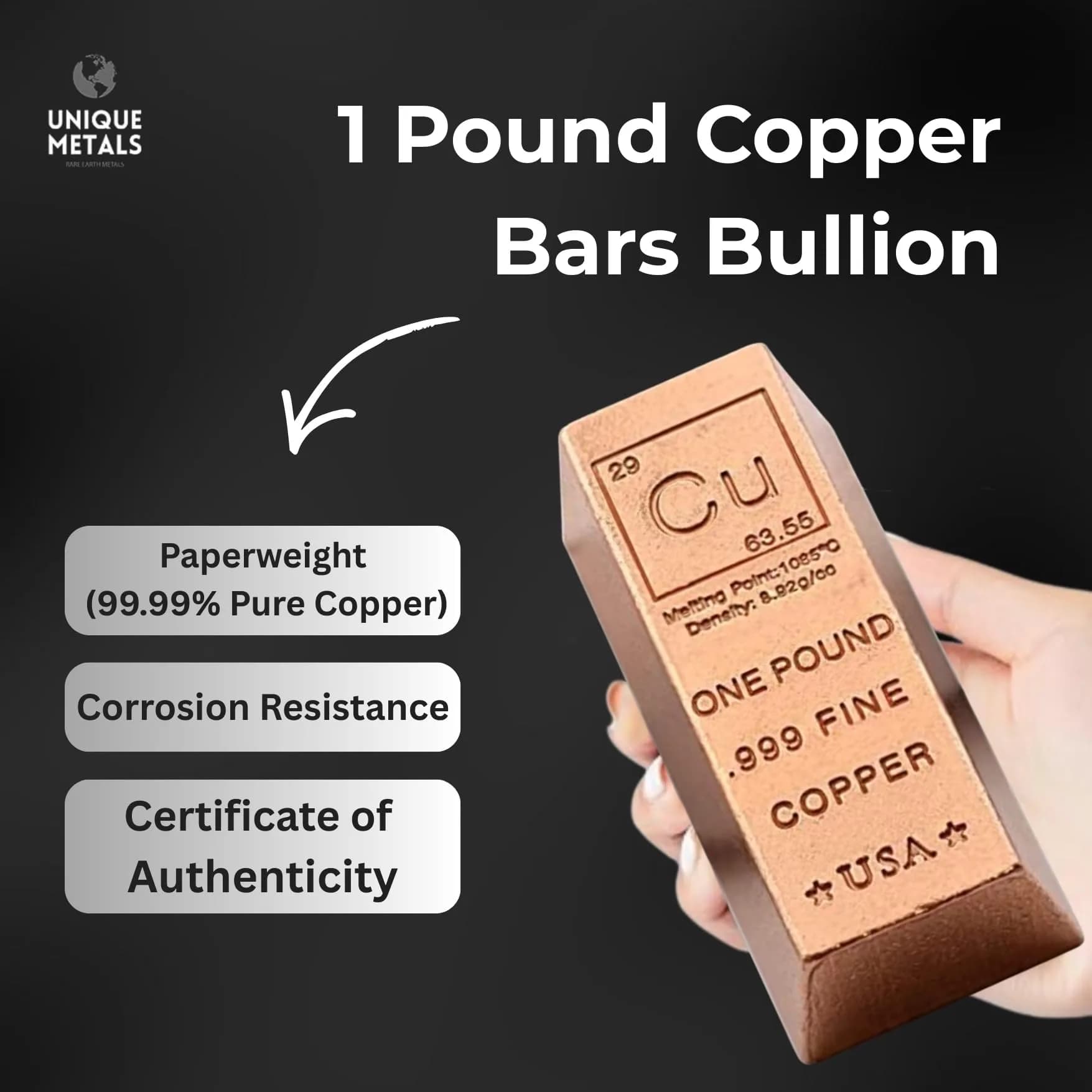 Unique Metals 1 Pound Copper Bar Ingot Paperweight 454 g (1 lb) | .999 Pure Copper Bullion with Certificate of Authenticity - view 2