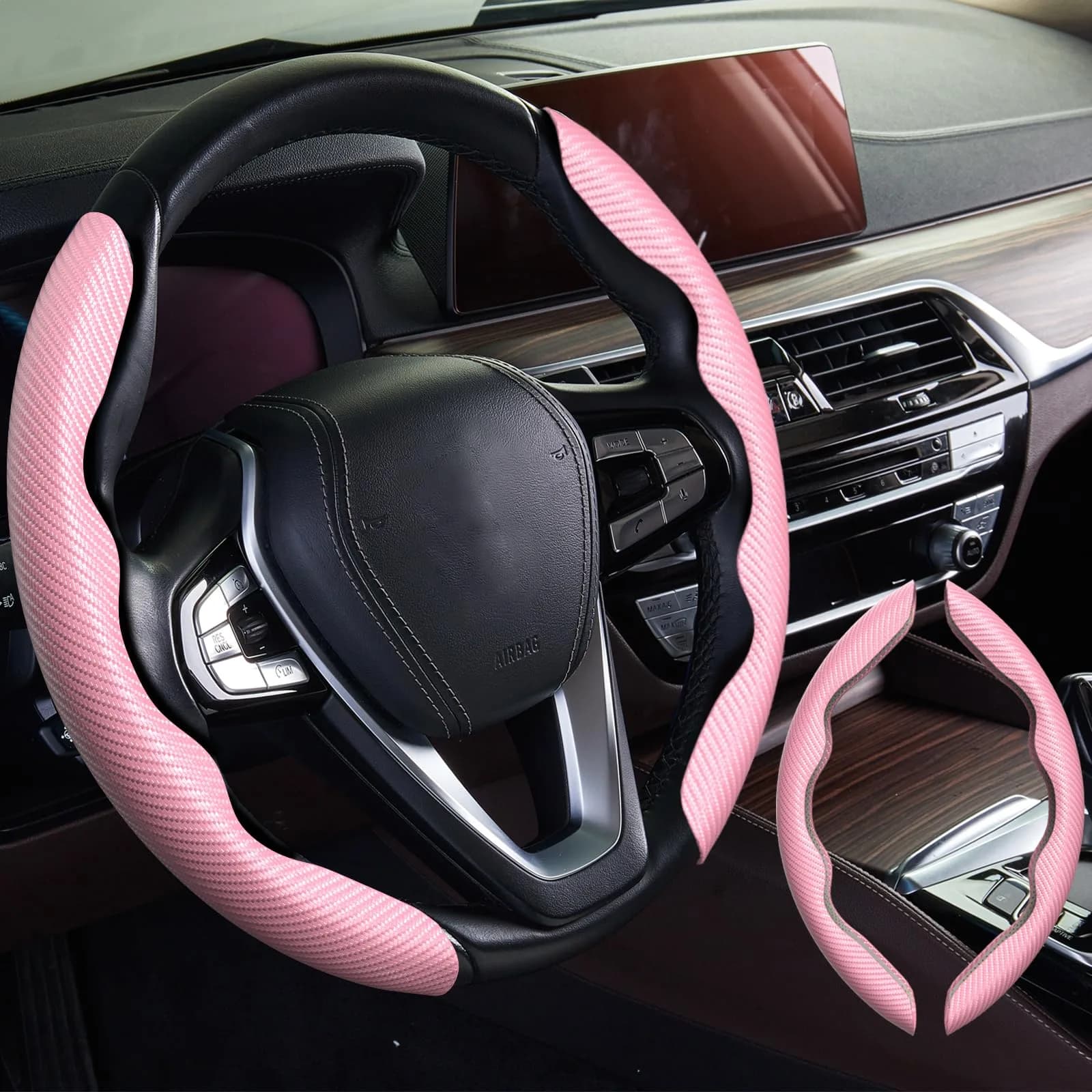 WOCOCN 2pcs Car Steering Wheel Cover, Anti-Skid Carbon Fiber, Pink | Breathable & Wear-Resistant