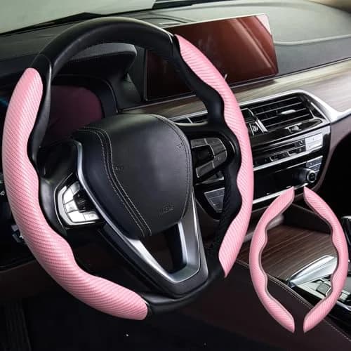 WOCOCN 2pcs Car Steering Wheel Cover, Anti-Skid Carbon Fiber, Pink | Breathable & Wear-Resistant thumbnail 1