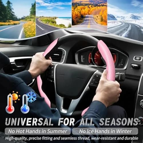 WOCOCN 2pcs Car Steering Wheel Cover, Anti-Skid Carbon Fiber, Pink | Breathable & Wear-Resistant thumbnail 4