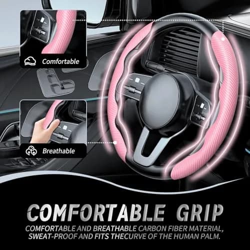 WOCOCN 2pcs Car Steering Wheel Cover, Anti-Skid Carbon Fiber, Pink | Breathable & Wear-Resistant thumbnail 2