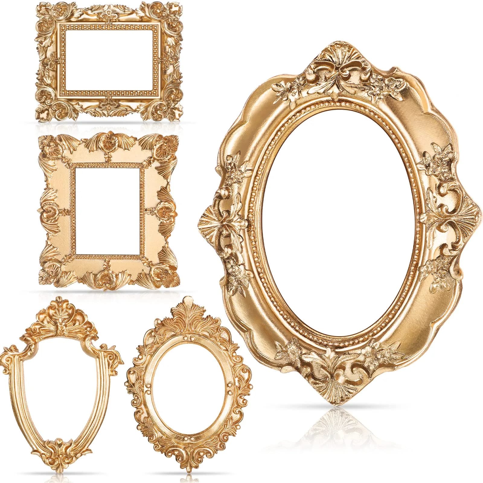 Yalikop Mini Vintage Gold Resin Picture Frames 5 Pcs (12.5 x 10.16 cm / 4.92 x 4 in) | Ornate Floral Carvings for DIY Craft Embellishments