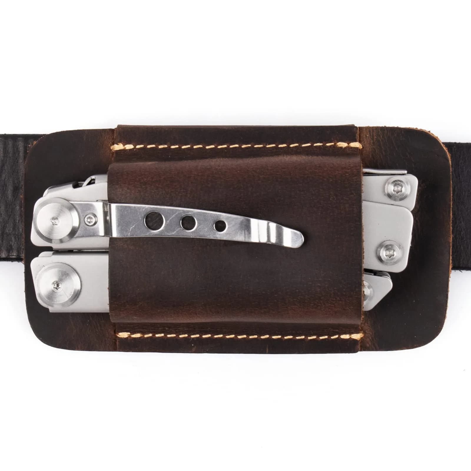 Topstache Handmade Leather Multitool Sheath for Belt, Horizontal Carry EDC Pocket Organizer for Men, Size M, Dark Brown | 12 cm (4.75") x 6.3 cm (2.5") — Darkbrown 01