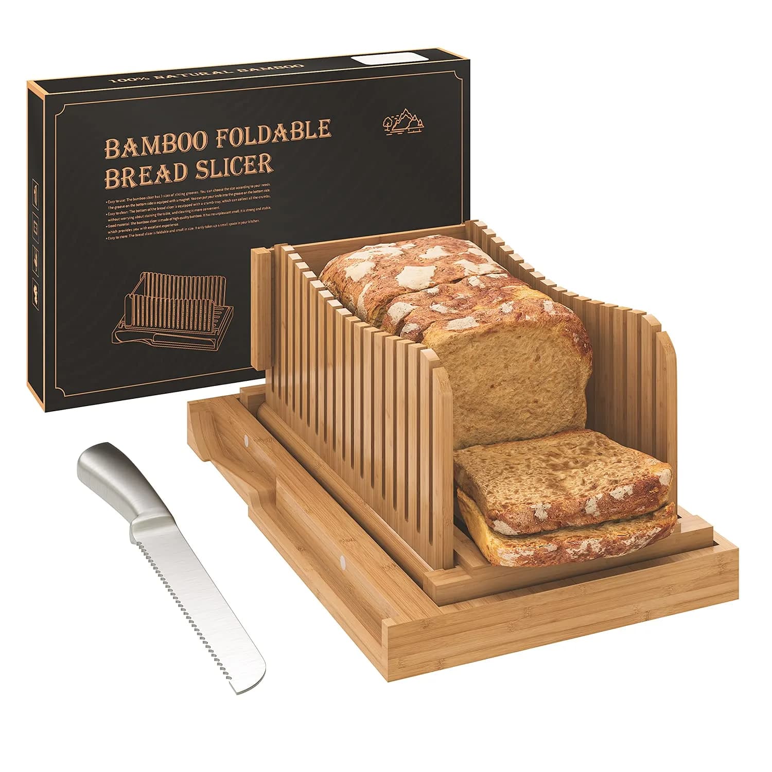 Vriccc Bamboo Bread Slicer with Serrated Knife | Adjustable Guide for 3 Thickness Sizes | Foldable Chopping Board with Crumb Tray (12.7"L x 7.1") — A - with Knife