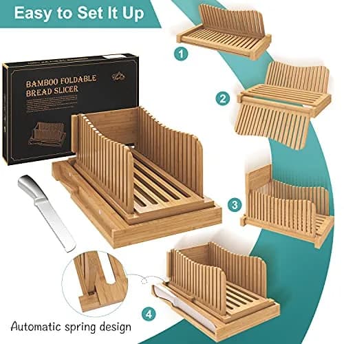 Vriccc Bamboo Bread Slicer with Serrated Knife | Adjustable Guide for 3 Thickness Sizes | Foldable Chopping Board with Crumb Tray (12.7"L x 7.1") thumbnail 4