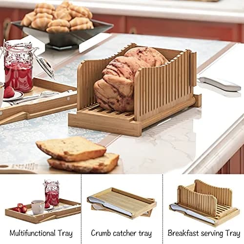 Vriccc Bamboo Bread Slicer with Serrated Knife | Adjustable Guide for 3 Thickness Sizes | Foldable Chopping Board with Crumb Tray (12.7"L x 7.1") thumbnail 5