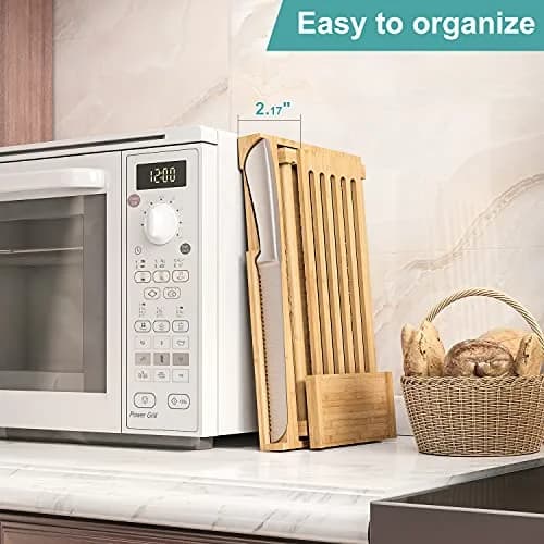 Vriccc Bamboo Bread Slicer with Serrated Knife | Adjustable Guide for 3 Thickness Sizes | Foldable Chopping Board with Crumb Tray (12.7"L x 7.1") thumbnail 2