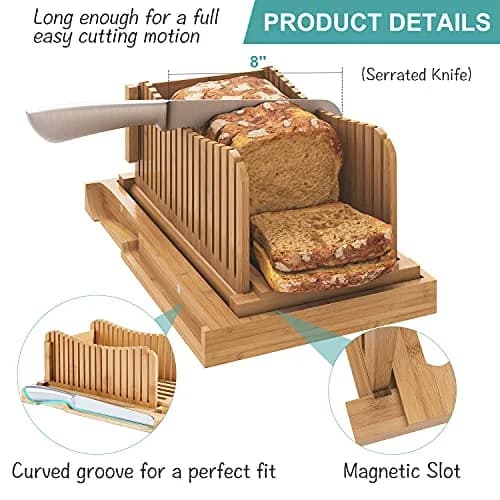 Vriccc Bamboo Bread Slicer with Serrated Knife | Adjustable Guide for 3 Thickness Sizes | Foldable Chopping Board with Crumb Tray (12.7"L x 7.1") thumbnail 3