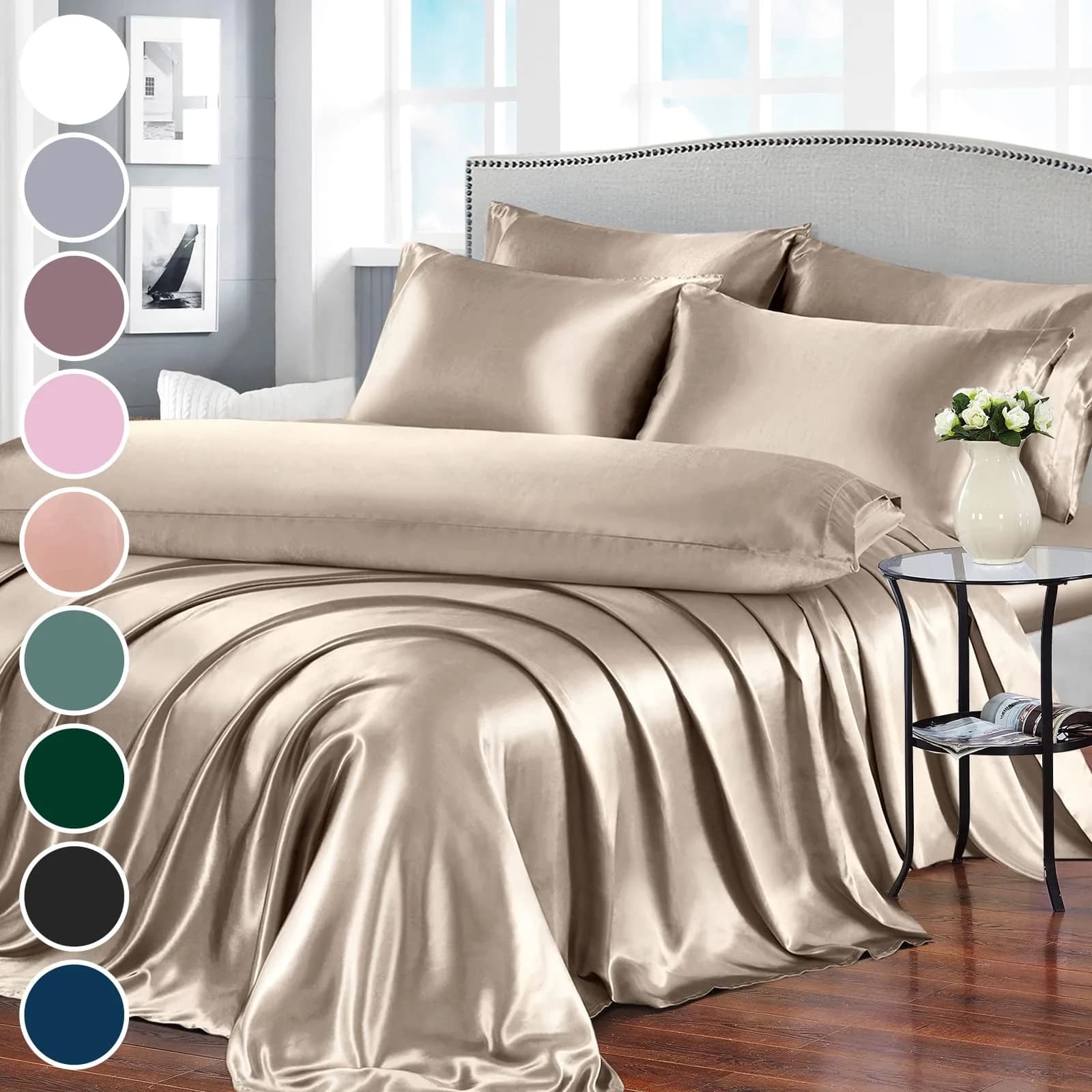Homiest Taupe Queen Satin Sheet Set 7-Piece Deep Pocket | Silky, Wrinkle-Resistant, 100% Polyester