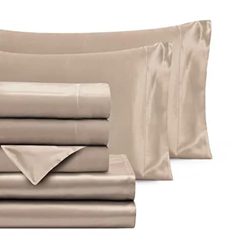 Homiest Taupe Queen Satin Sheet Set 7-Piece Deep Pocket | Silky, Wrinkle-Resistant, 100% Polyester thumbnail 3