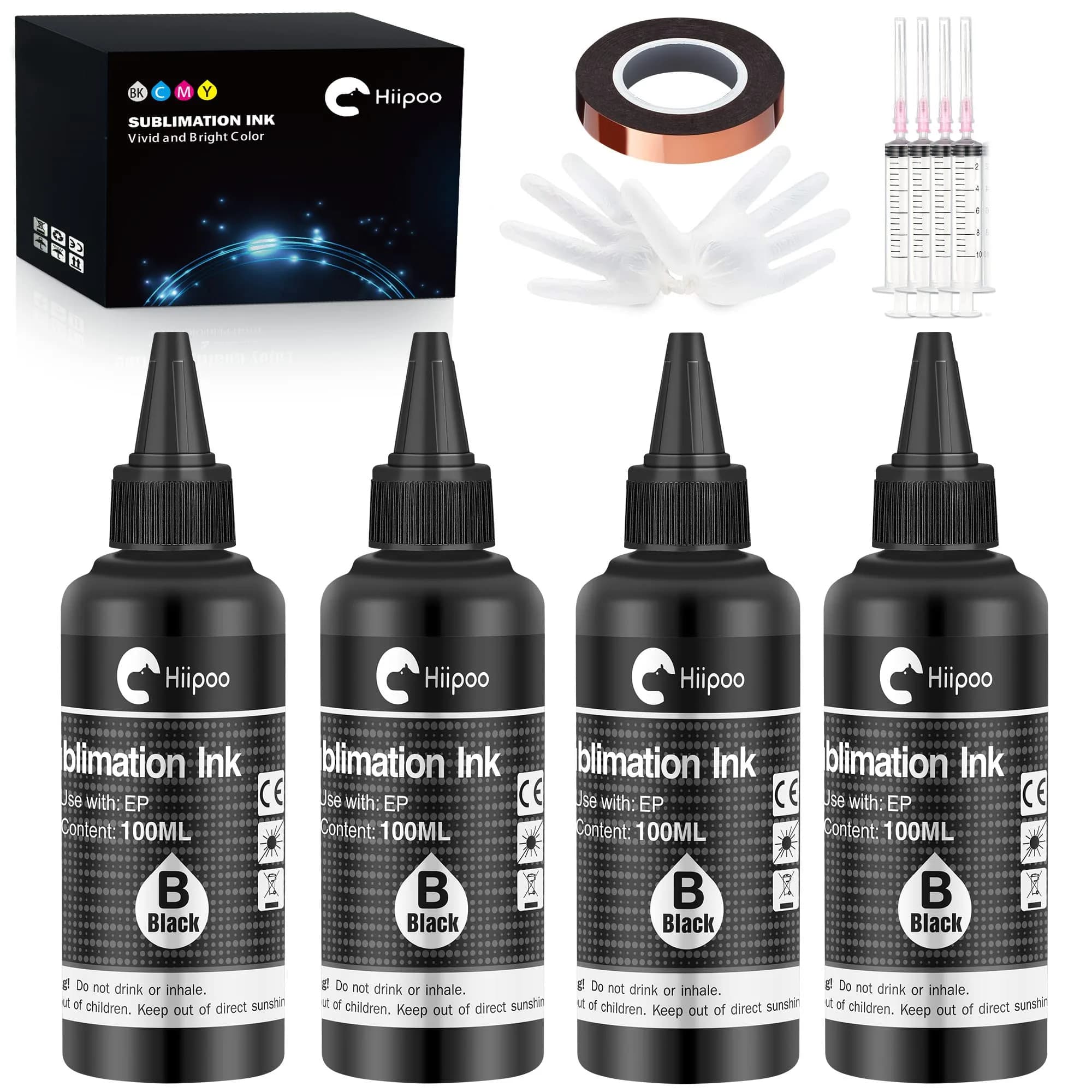 Hiipoo Sublimation Ink Refilled Bottles 4x100ml | Vibrant Colors for Heat Transfer (70-120 chars) - main product image