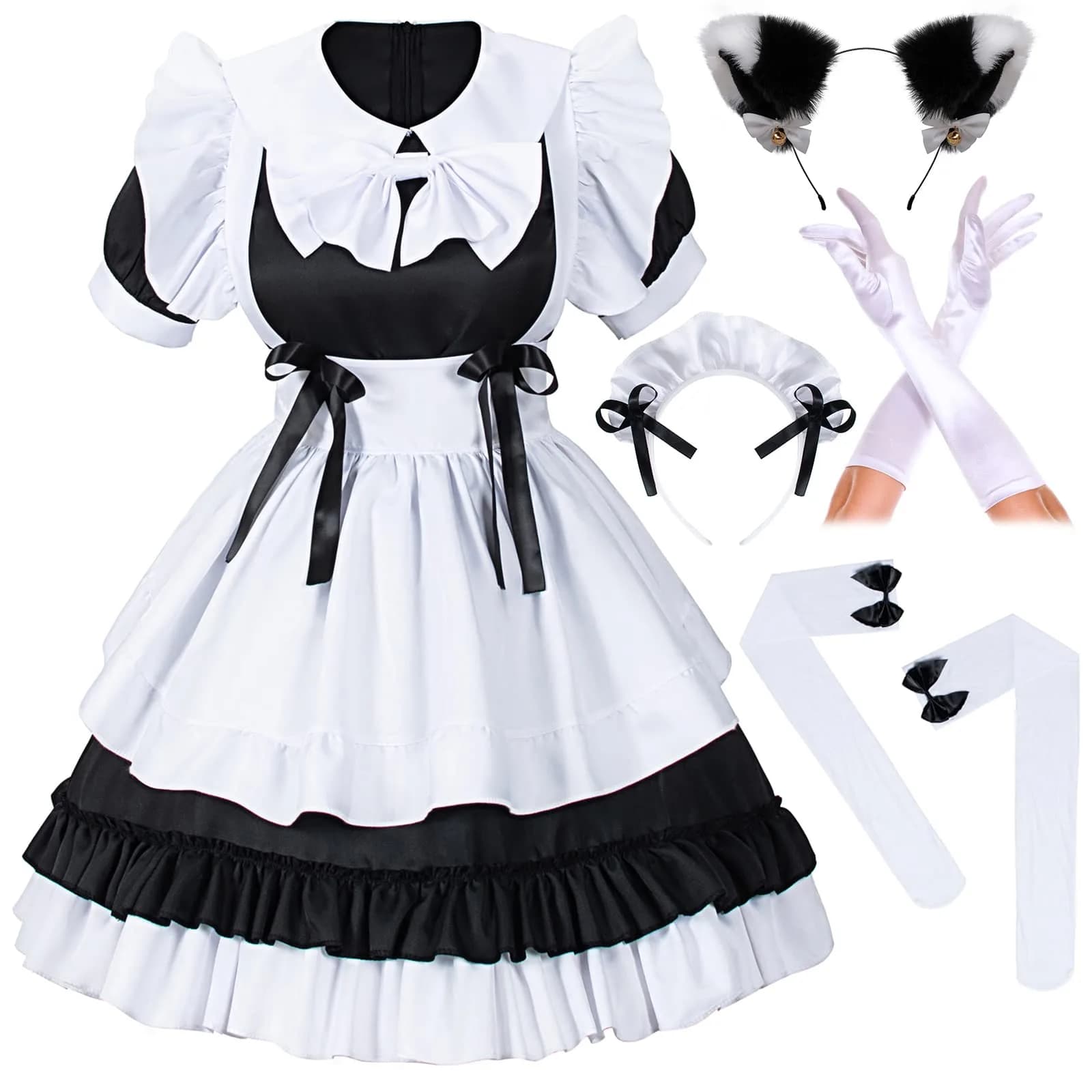 Irtysh Women Sweet Kawaii Costume Dress Anime French Maid Cosplay Furry Cat Ear Gloves Socks Set(Black XL) | Cute Lolita Maid Outfit