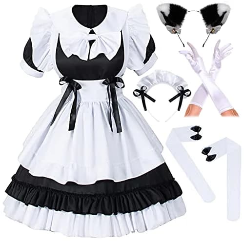 Irtysh Women Sweet Kawaii Costume Dress Anime French Maid Cosplay Furry Cat Ear Gloves Socks Set(Black XL) | Cute Lolita Maid Outfit thumbnail 1