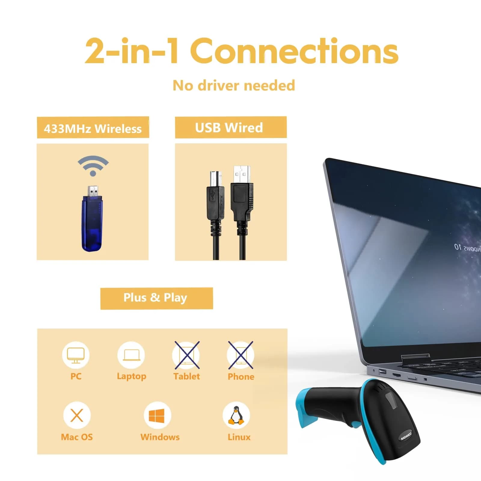 NADAMOO Blue Wireless Barcode Scanner | 1D Laser Automatic Reader with USB Receiver - view 2