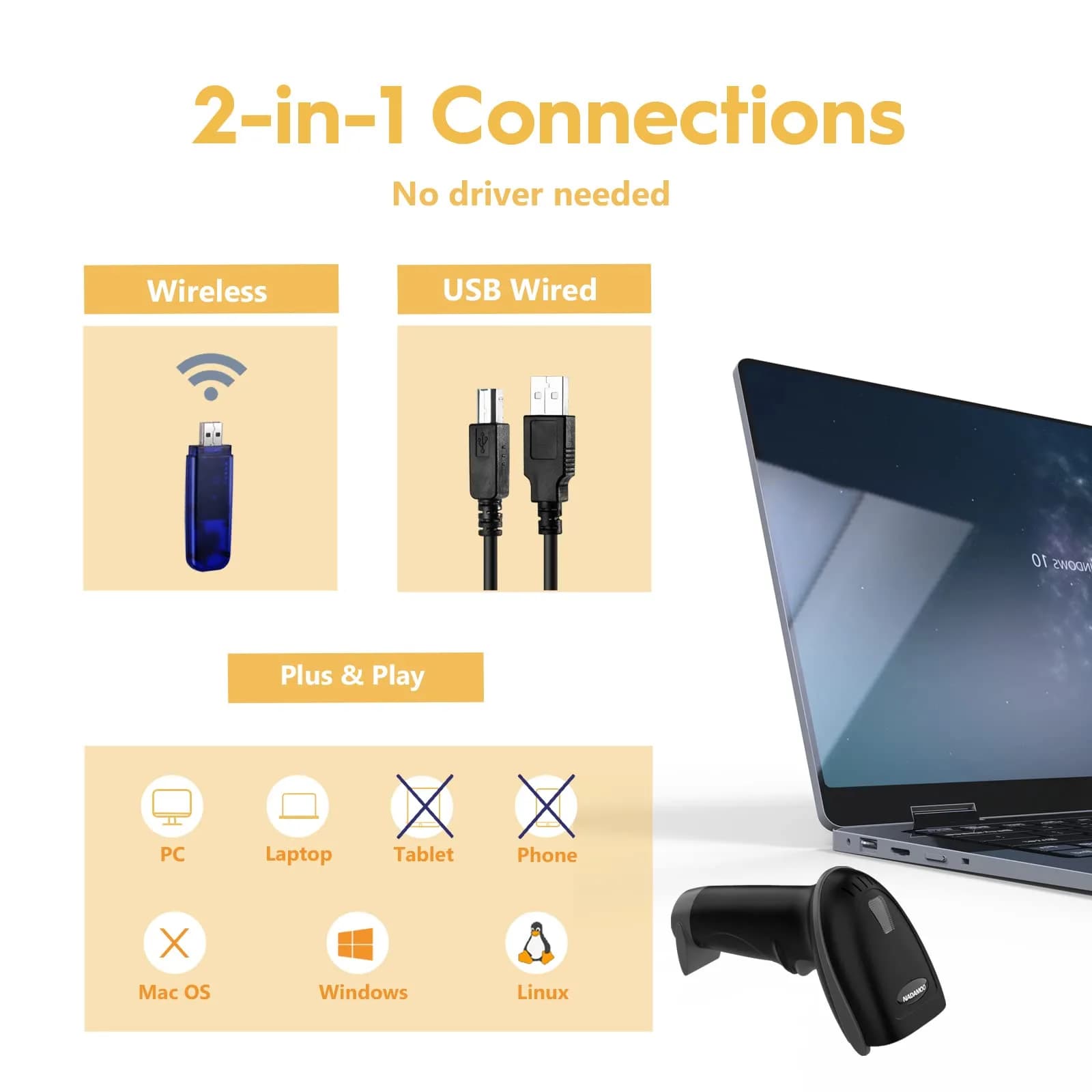 NADAMOO Wireless Barcode Scanner - Black 1D Laser Automatic Reader with USB Receiver - view 2