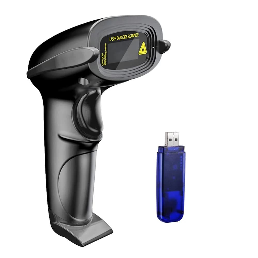 NADAMOO Wireless Barcode Scanner 100m Indoor | 1D Laser Automatic Reader with USB Receiver — Black