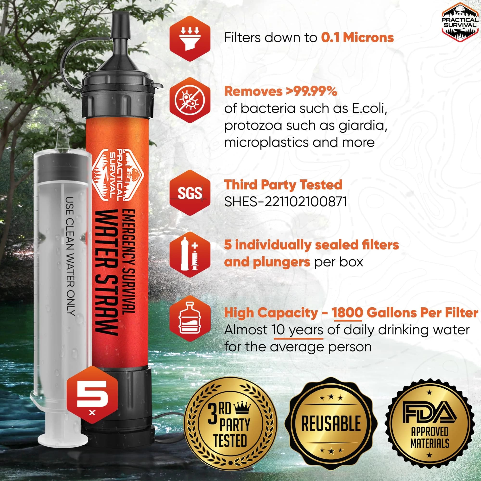 Practical Survival Emergency Water Straws (5-Pack) | Filters 1800 Gallons Each | Lightweight & Reusable - view 2